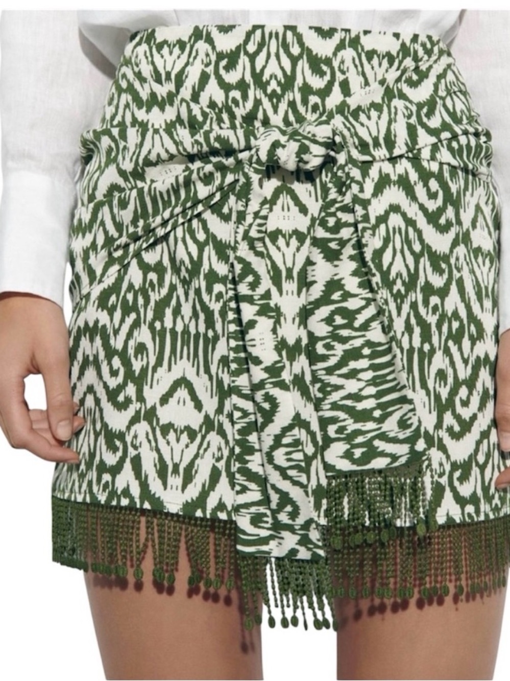 Zara Green and White Ikat Tie-Waist Mini Skirt with Beaded Fringe